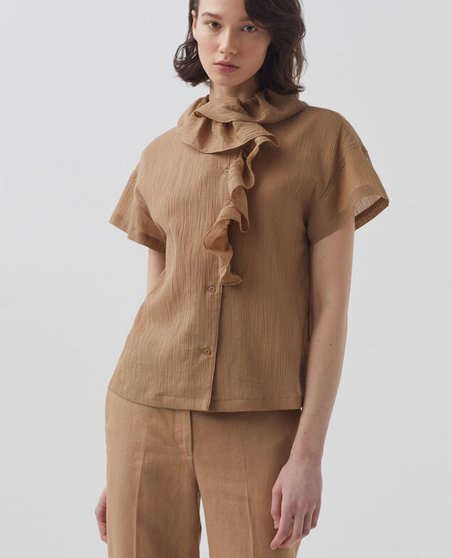 Frilly pleated cotton blouse H330 tiger's eye