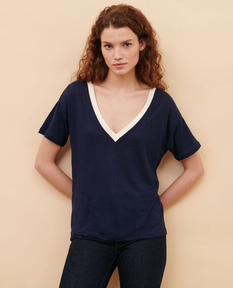 SARAH - Linen V-neck t-shirt 5062d str maritime butter Locmelar