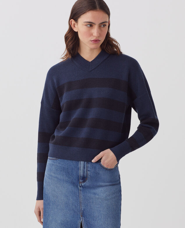 V-neck merino wool striped jumper J092 st blue black