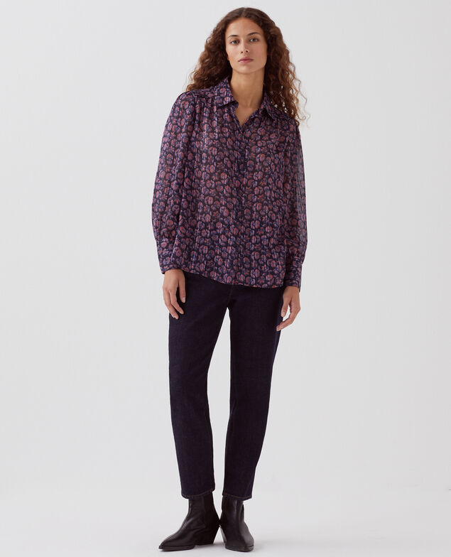 Long-sleeve silky shirt I691 indienne navy
