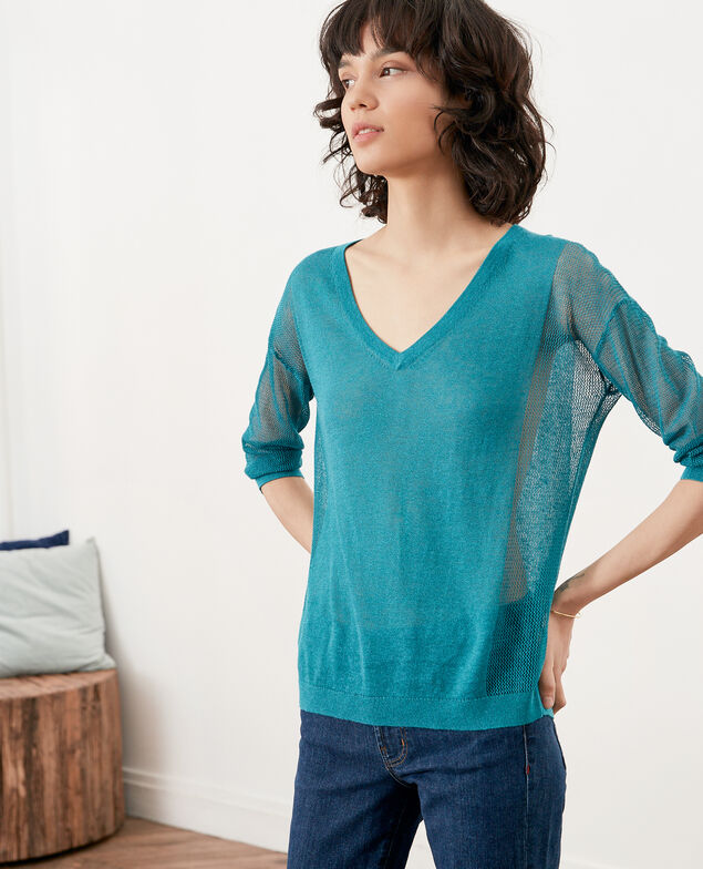 Jumper with open knit details Pacific green