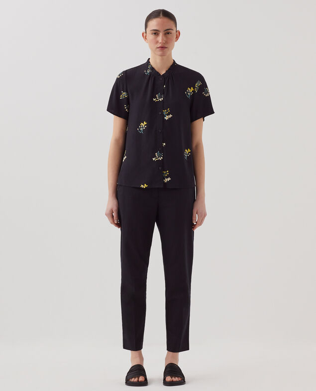 Long-sleeve silky shirt J091 fl bouquet black