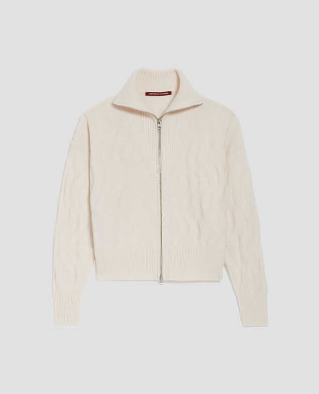 Zip-up merino wool cardigan I307 ecru