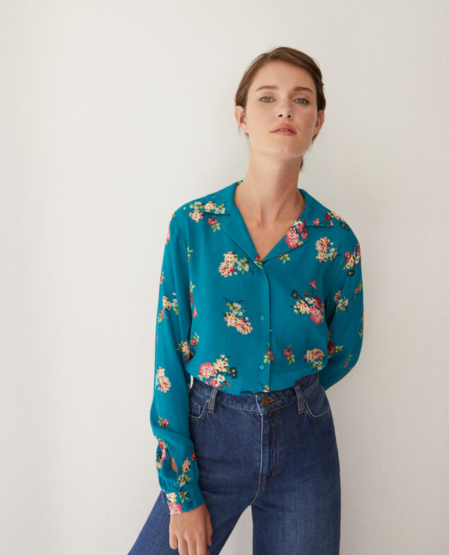 Shirt with pyjama-style collar Fleurs pacific green