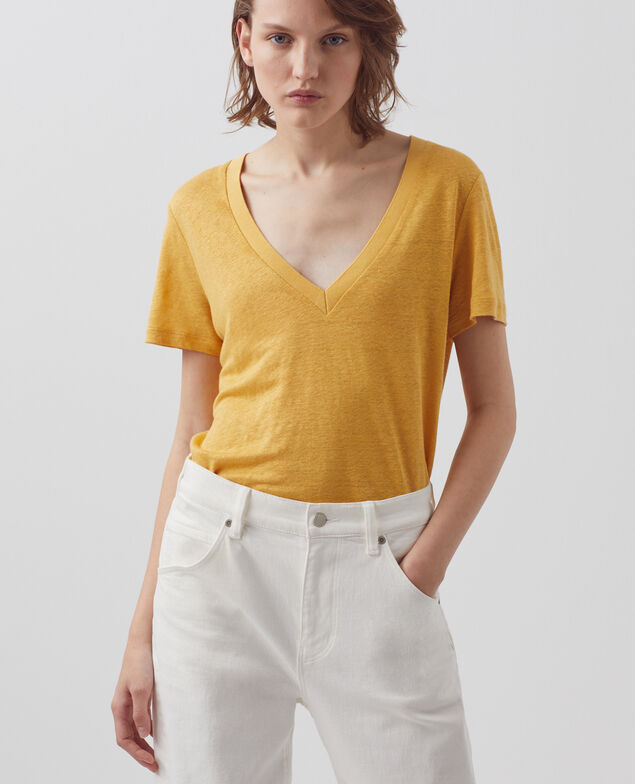 SARAH - Linen V-neck t-shirt 0460 ochre yellow