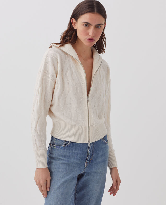 Zip-up merino wool cardigan I307 ecru