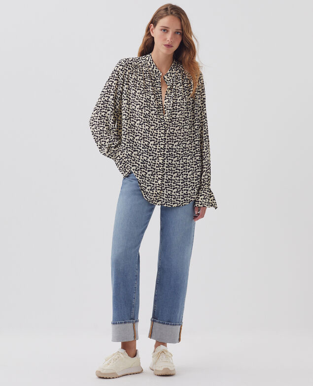 Long-sleeve silky shirt J683 geo blue
