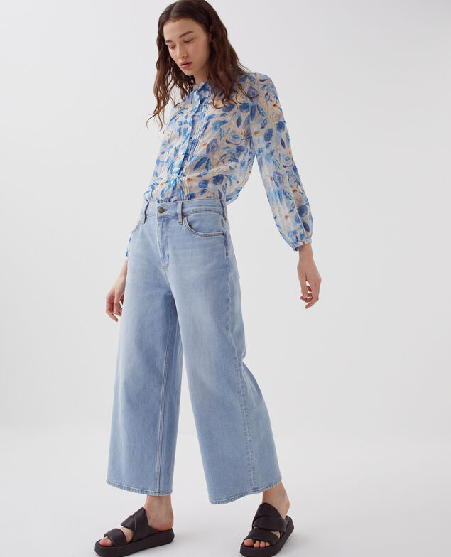 Long-sleeve silky blouse H600 window blue