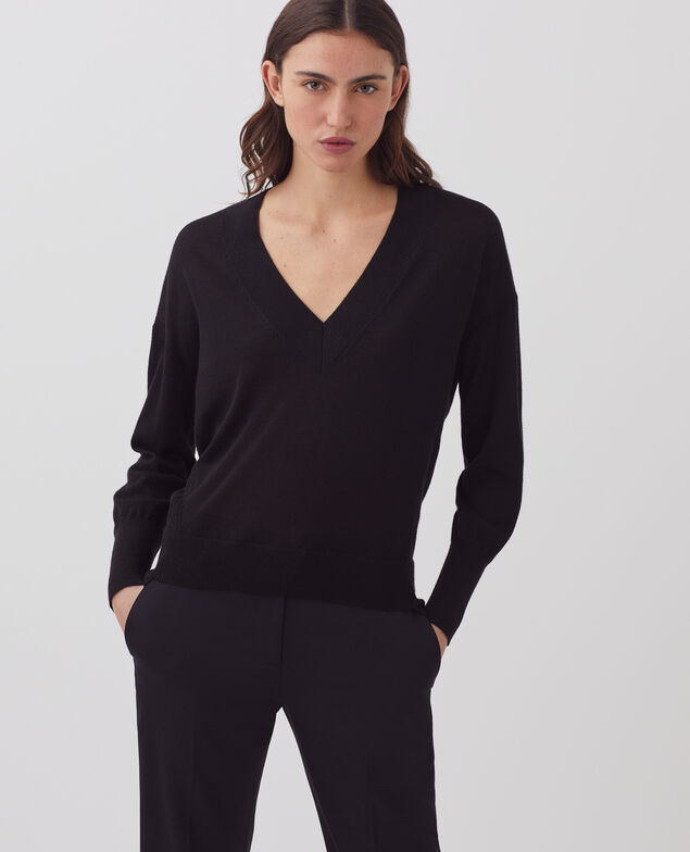 Wool and silk V-neck jumper H091 black beauty