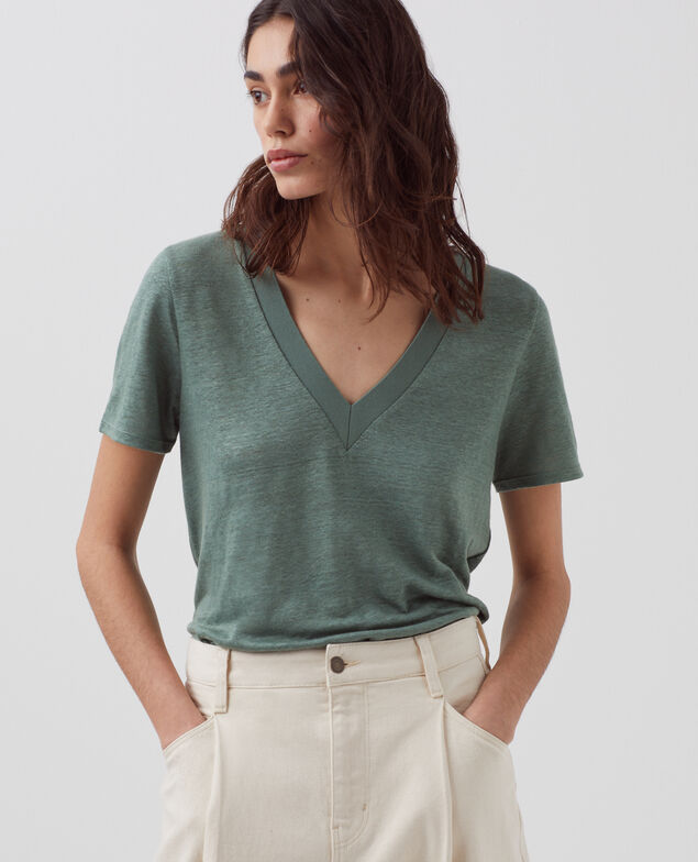 SARAH - Linen V-neck t-shirt H542 darkforest