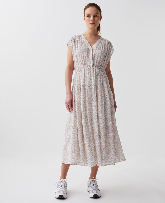 Pleated cotton maxi dress H613 fleurette blue