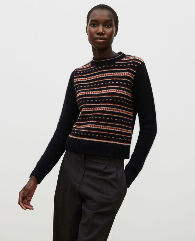 Round neck alpaca wool jacquard jumper Black brandy lighttaupe jacquard