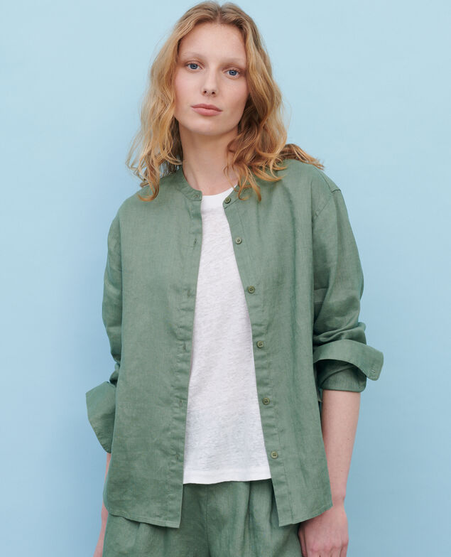 Collarless linen shirt 52 green