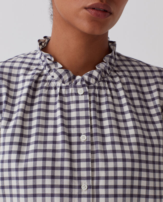 Ruffle neck blouse I072 check creme gray
