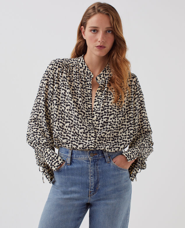 Long-sleeve silky shirt J683 geo blue