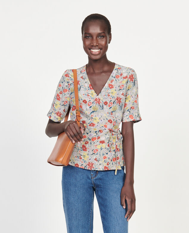  Floral silk wrap blouse Print eden cream