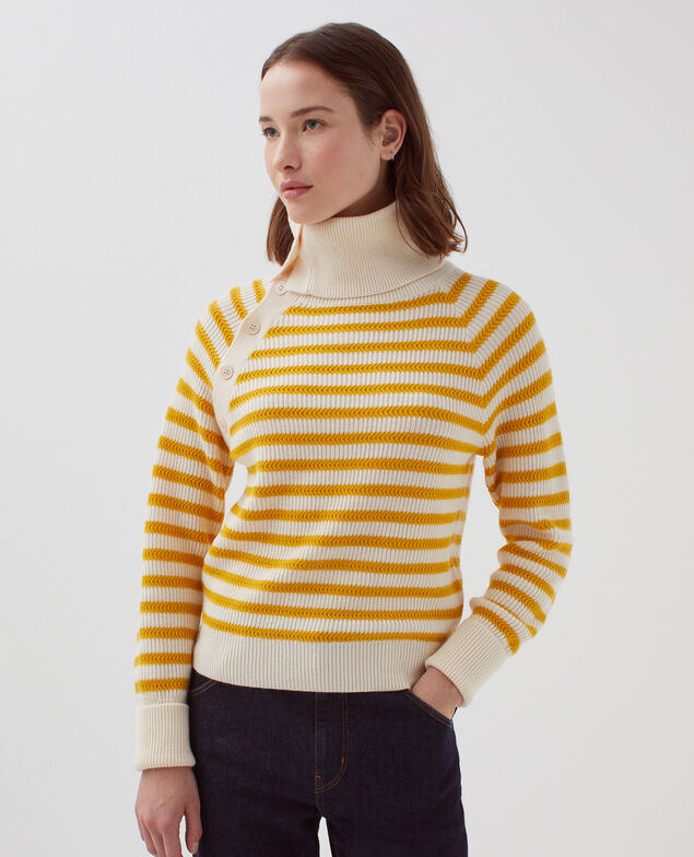 Merino wool striped jumper with button-up neck I471 st ecru yellow