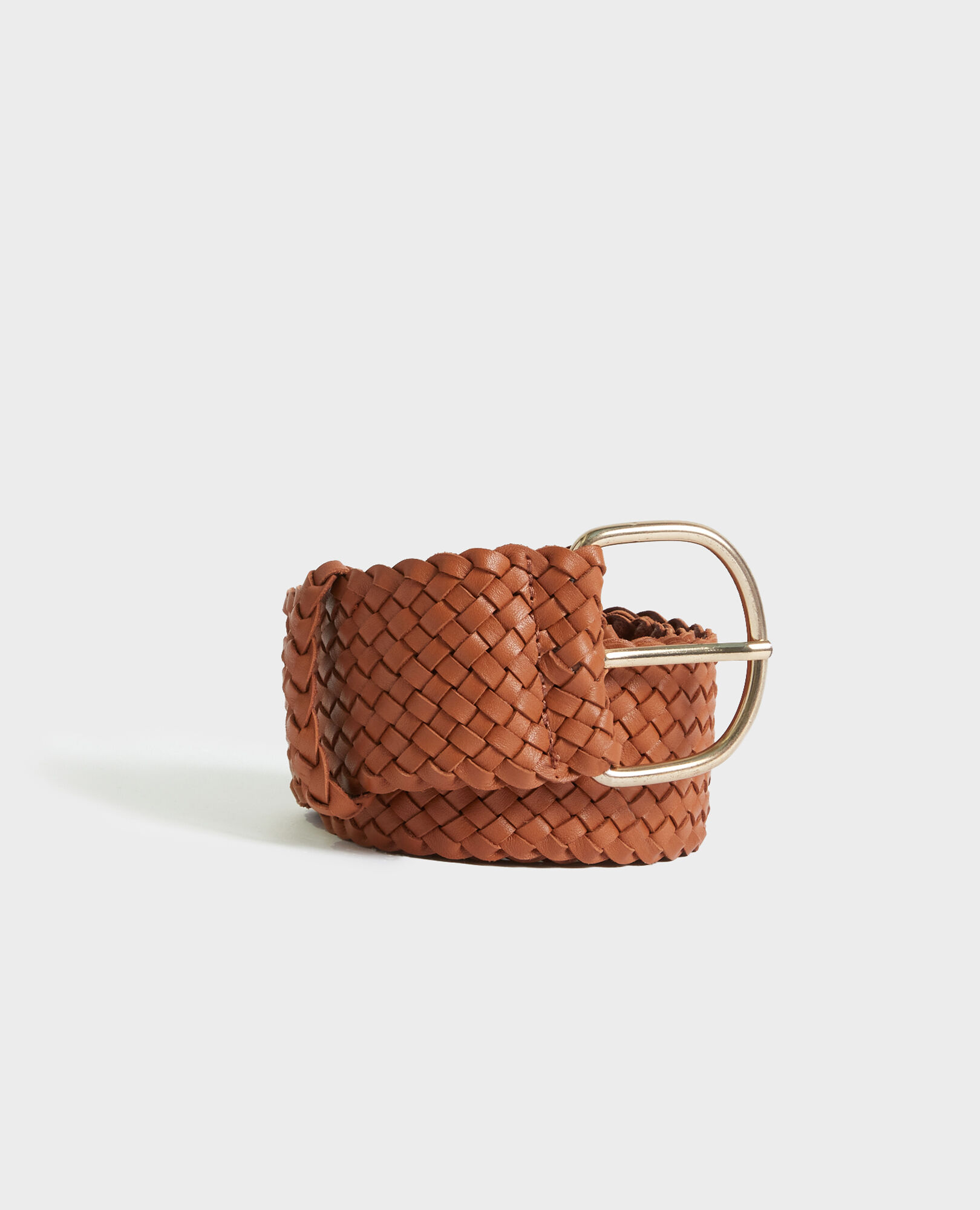 Wide braided leather belt Camel Perles