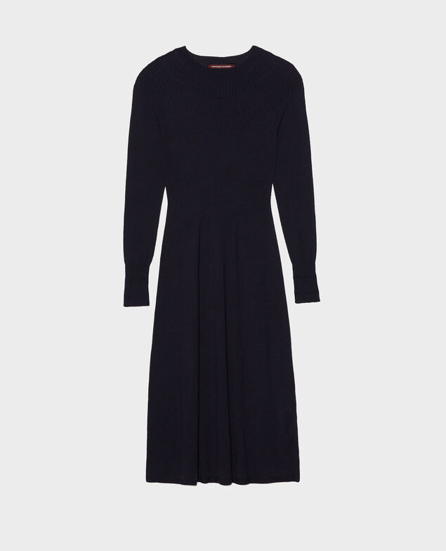 Round neck flared merino wool dress Night sky