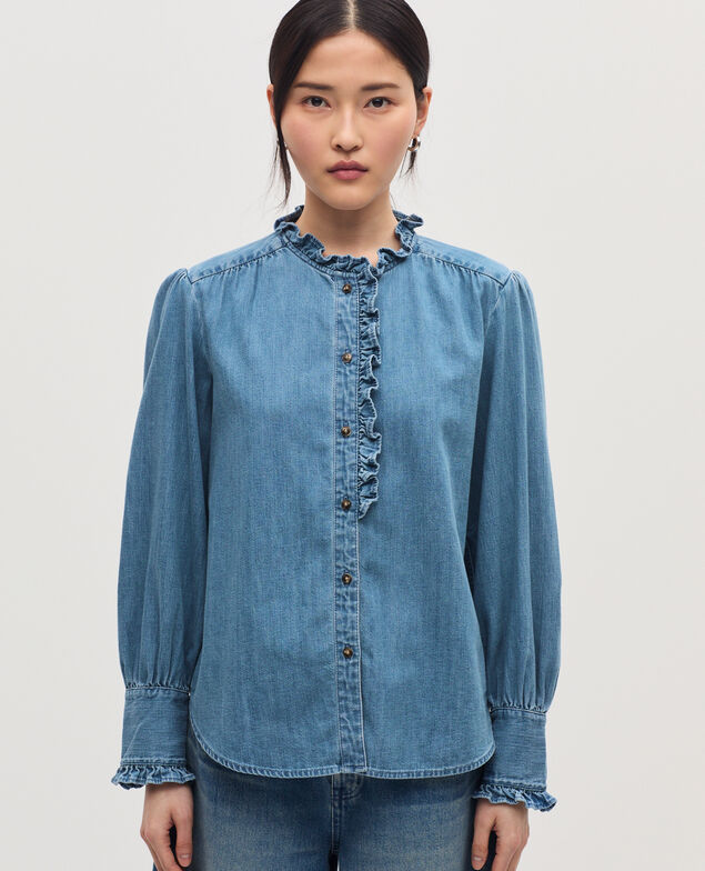 Ruffled cotton shirt J621 light blue