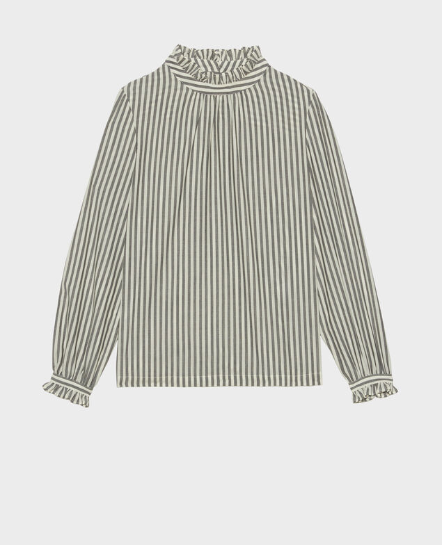 Striped wool gauze blouse with a ruffled collar Stripe grey offwhite