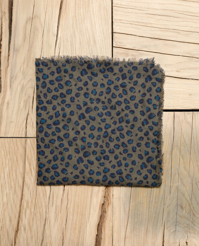 Printed wool scarf Blue leopard olive night