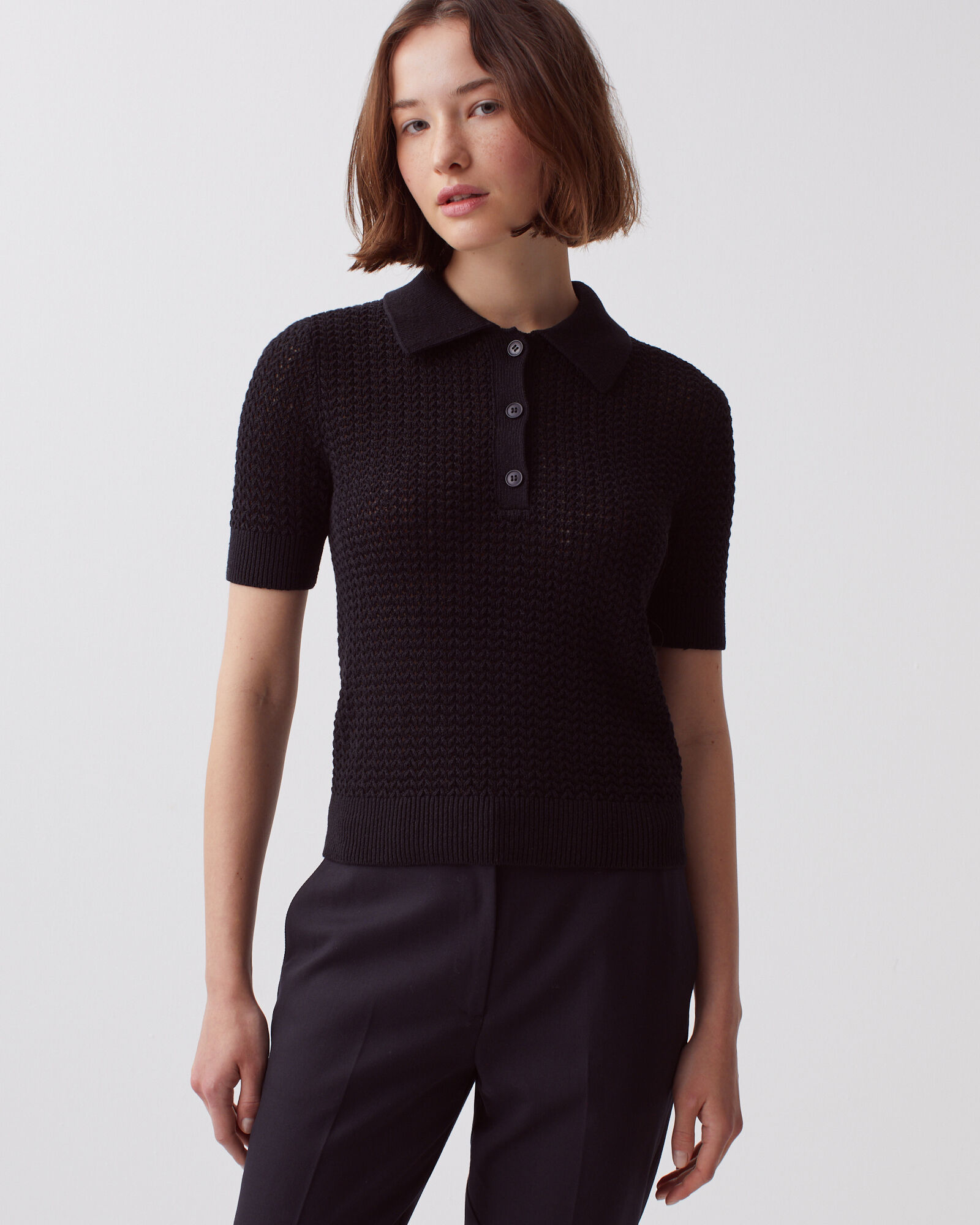 ☆YALE☆ HERITAGE DAN CABLE SHORTSLEEVE POLO KNIT BLACK YEM1 Black Cable Knit Polo Shirt - TK Maxx UK