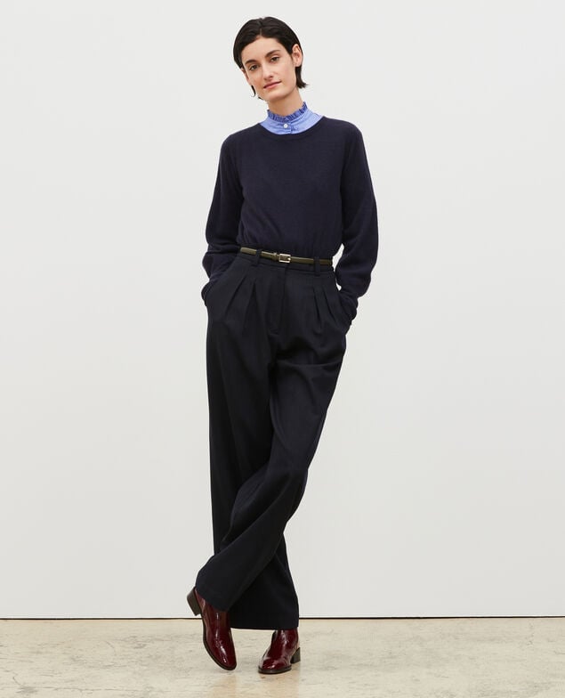 High waisted wide wool trousers YVONNE Stripes night sky