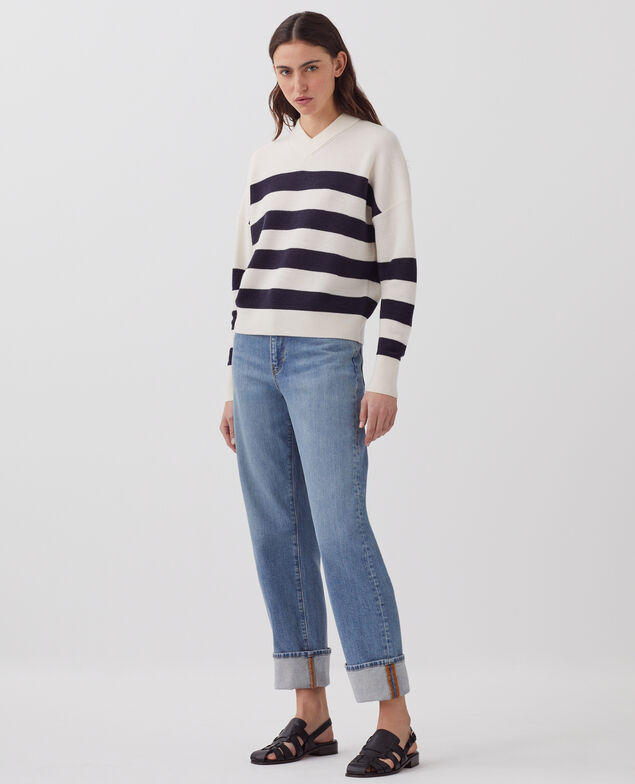 V-neck merino wool striped jumper J682 st ecru navy