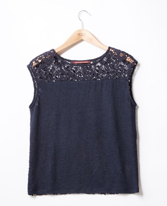 Linen t-shirt with lace back Navy