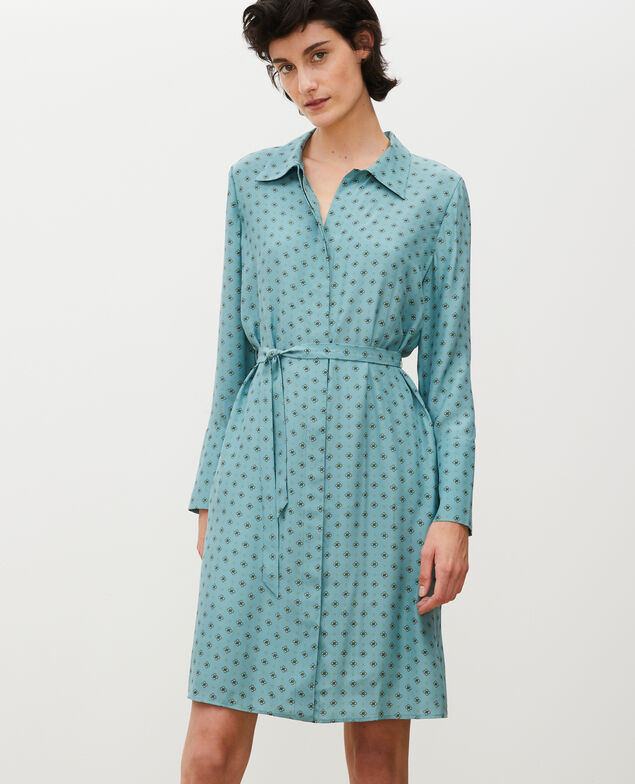 Silk shirt dress with belt Print mosaique treillis