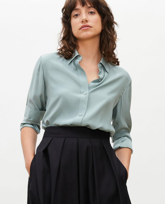  Long-sleeve silk men's shirt Chinois green