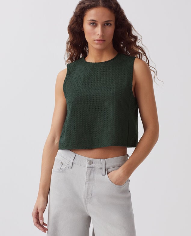 Embroidered cotton vest top J590 spruce green