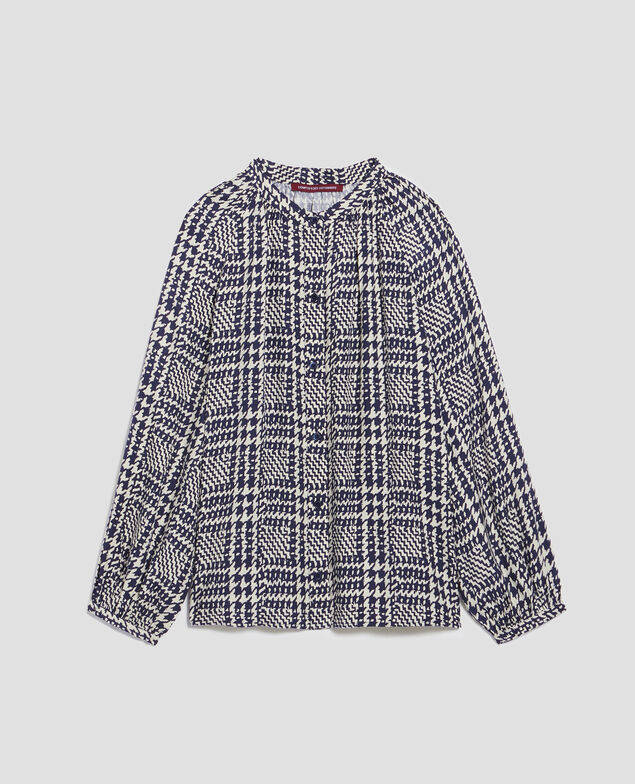 Long-sleeve silky blouse I681 houndstooth ble