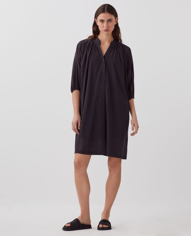 Loose crinkle cotton mini dress H091 black beauty