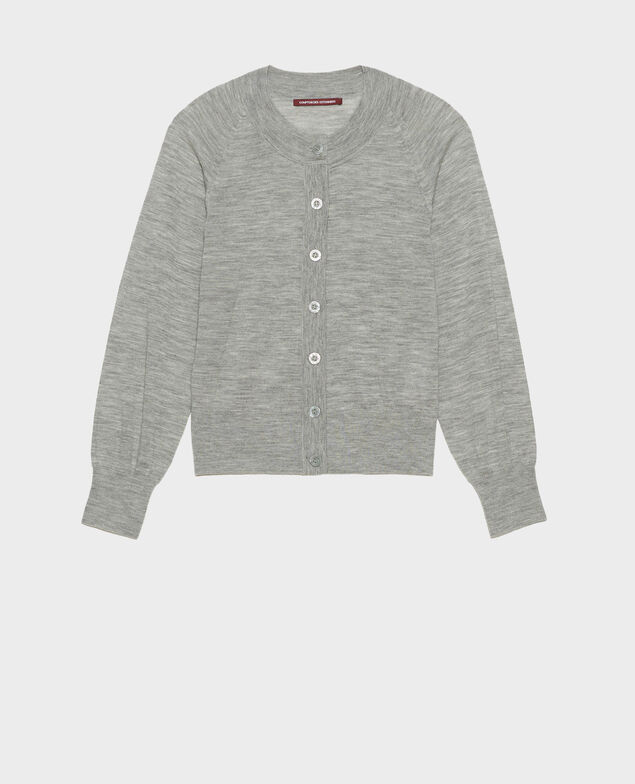 Round neck merino wool cardigan Light grey melange