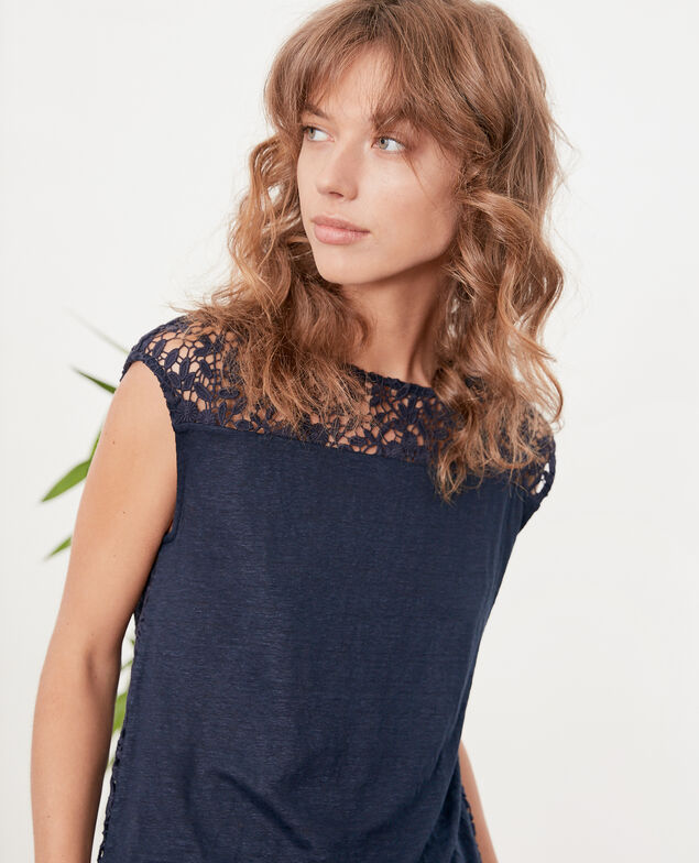Linen t-shirt with lace back Navy