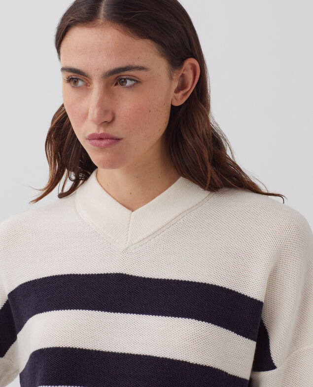 V-neck merino wool striped jumper J682 st ecru navy