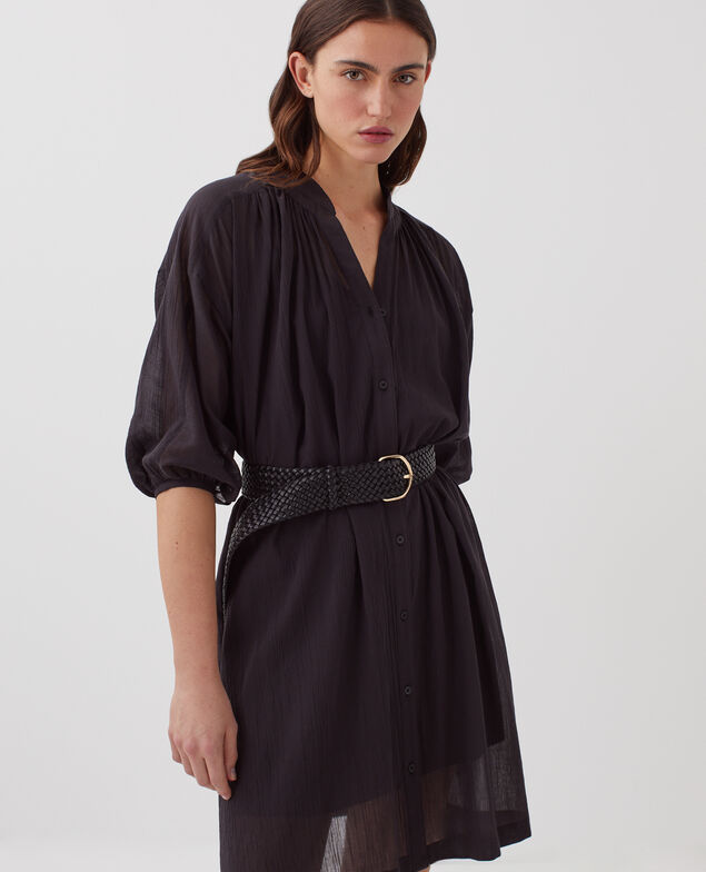 Loose crinkle cotton mini dress H091 black beauty