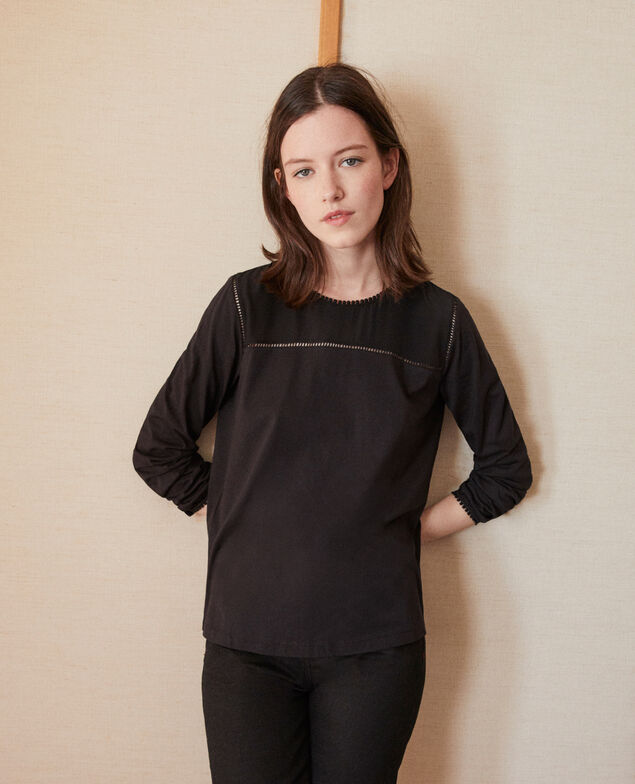  Bimaterial T-shirt with pompom details Noir