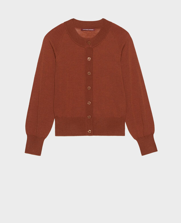 Round neck merino wool cardigan Tortoise shell