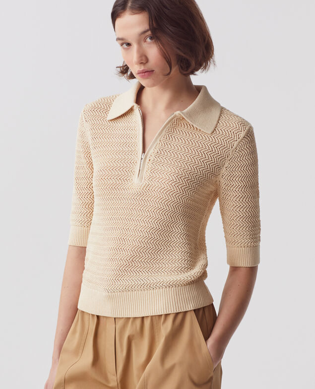 Cotton zip-up polo jumper J300 natural