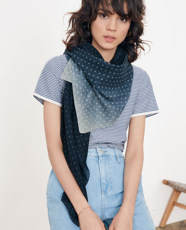 Printed scarf in cotton and silk Ring dots indigo