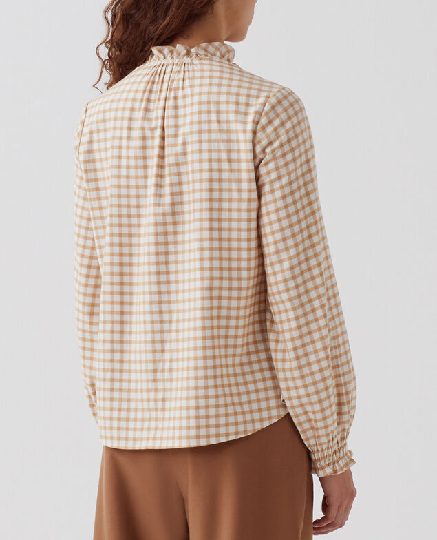 Ruffle neck blouse I310 check creme camel