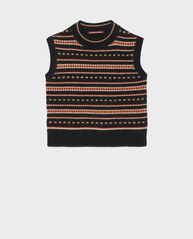 Sleeveless alpaca wool jacquard jumper Black brandy lighttaupe jacquard