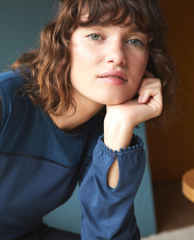  Bimaterial T-shirt with pompom details Majolica blue