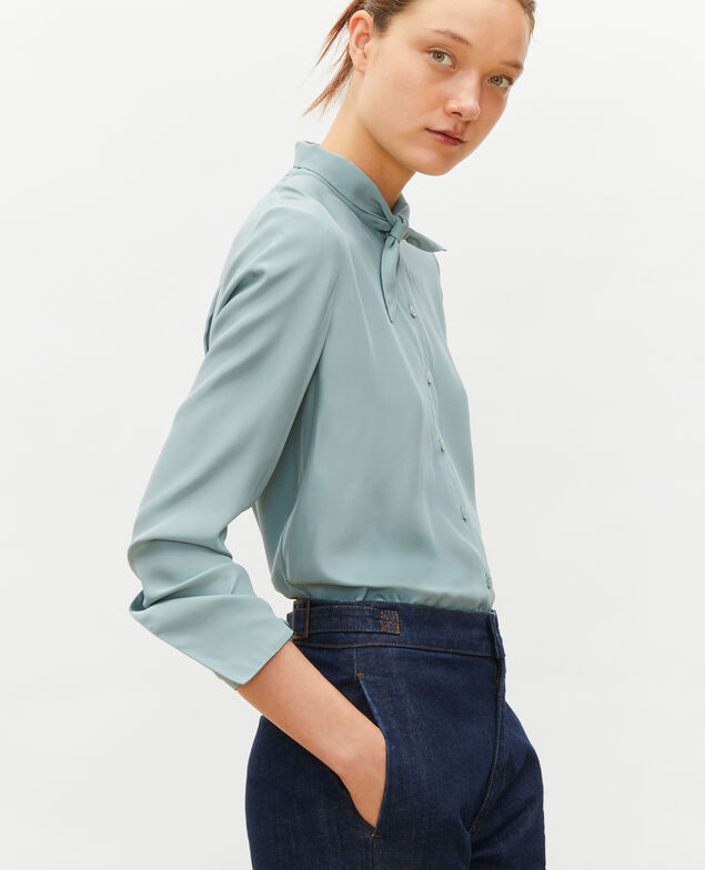  Long-sleeve tie neck silk blouse Chinois green