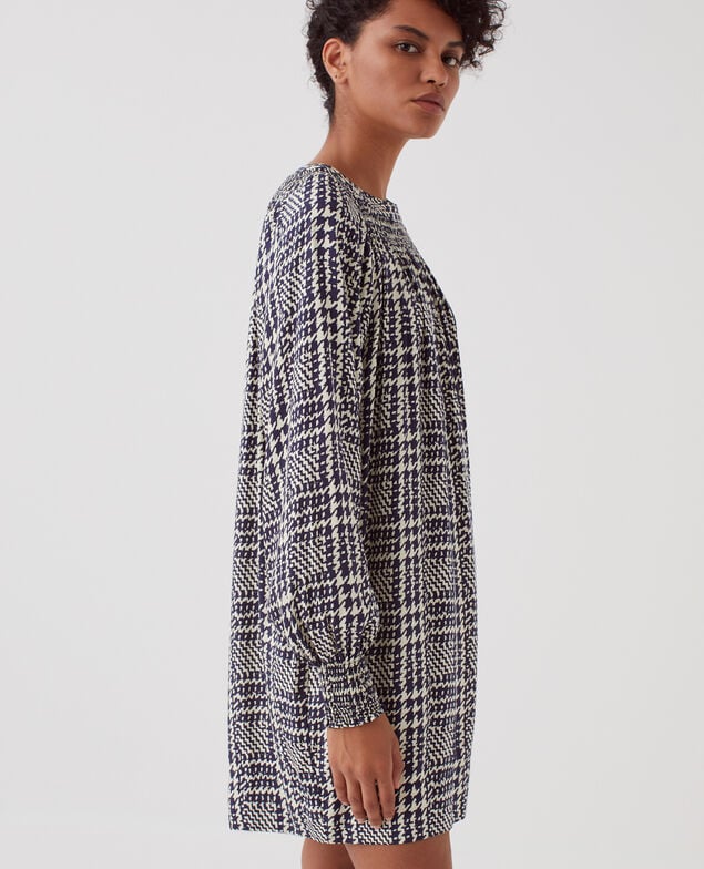 Silky long-sleeve mini dress I681 houndstooth ble