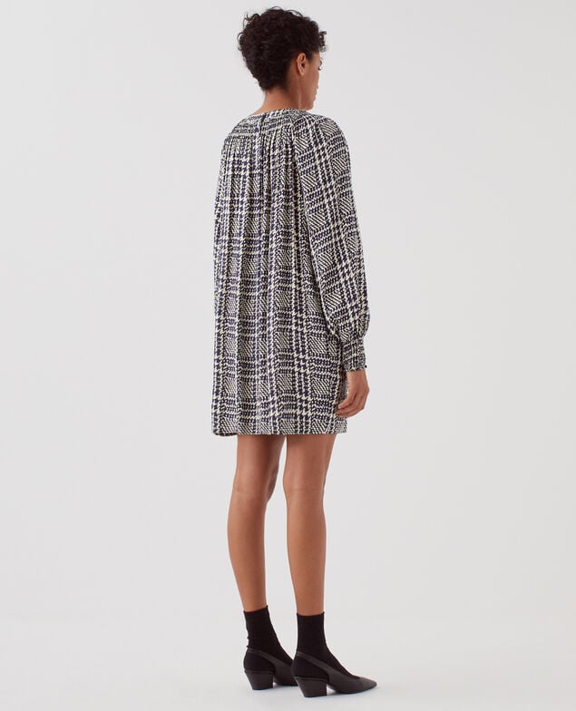 Silky long-sleeve mini dress I681 houndstooth ble