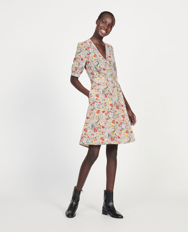  Floral silk wrap mini dress Print eden cream